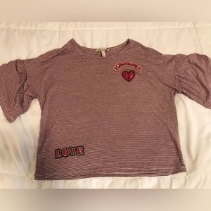 Red and white striped flowy tshirt with patches. Love, heartbreaker. Size XL F